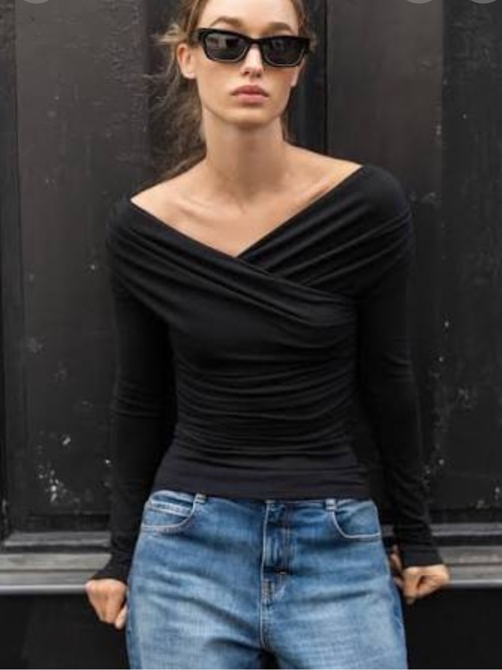 Zara Black Off-Shoulder Ruched Long-Sleeve Top